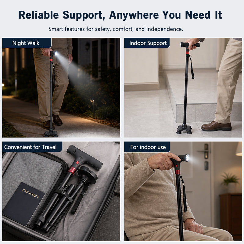 🔥 Must-Have Senior Smart Cane – Foldable Aluminum with LED Light & Quad Anti-Slip Feet