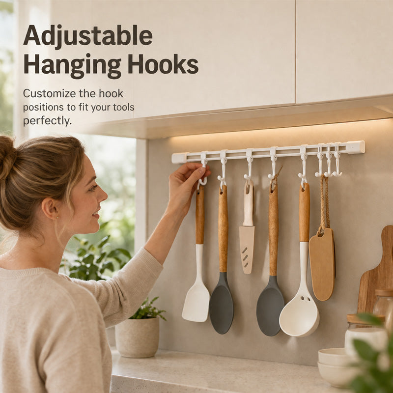 🧺 LIMITED-TIME OFFER: Buy one get one free!! ✨ No-drill sliding rail organiser hook – Adjustable, Sturdy 🛠️