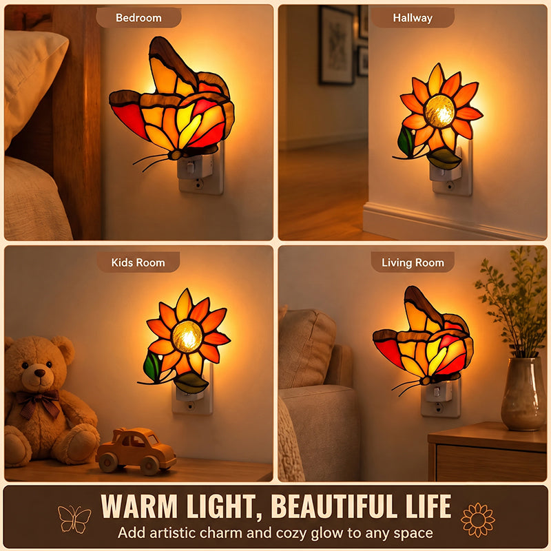 🦋🌼 Stained‑Glass Decor Plug‑In Night Lamp
