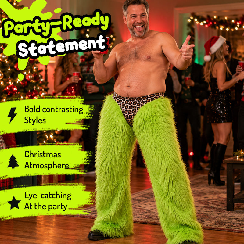 🎄 Festive Green Party Trousers, Eye‑Catching Leopard Triangle Detail For Christmas Costume Events