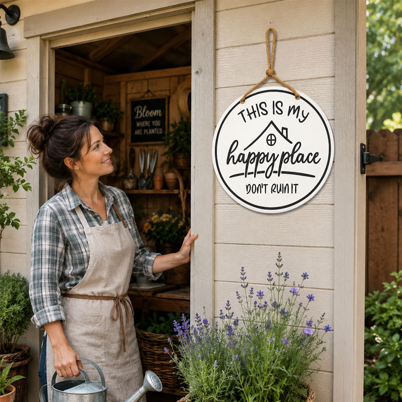 🏡✨Happy Place Round Sign – Farmhouse Garden Decor