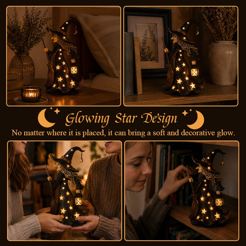 🌙 Glowing Starlight Witch Figurine｜Magical Spooky‑Cute Night Light Decor