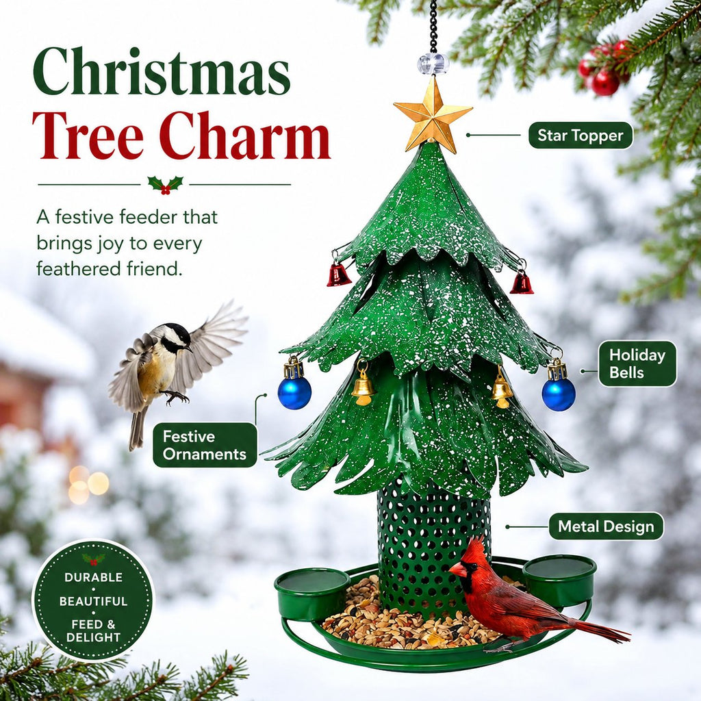 🎄 Star‑Topped Christmas Tree Metal Bird Feeder With Bells & Water Cups