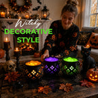 🔮 Hollow‑Cut Witch Cauldron LED Tea‑Light Lamp, Spooky Halloween Tabletop Decor Ornament
