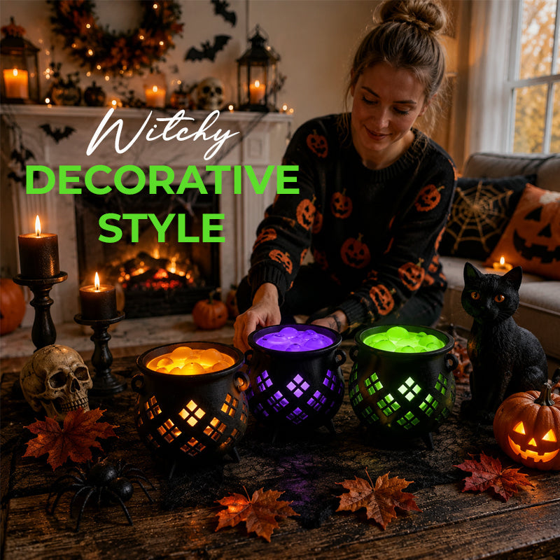 🔮 Hollow‑Cut Witch Cauldron LED Tea‑Light Lamp, Spooky Halloween Tabletop Decor Ornament