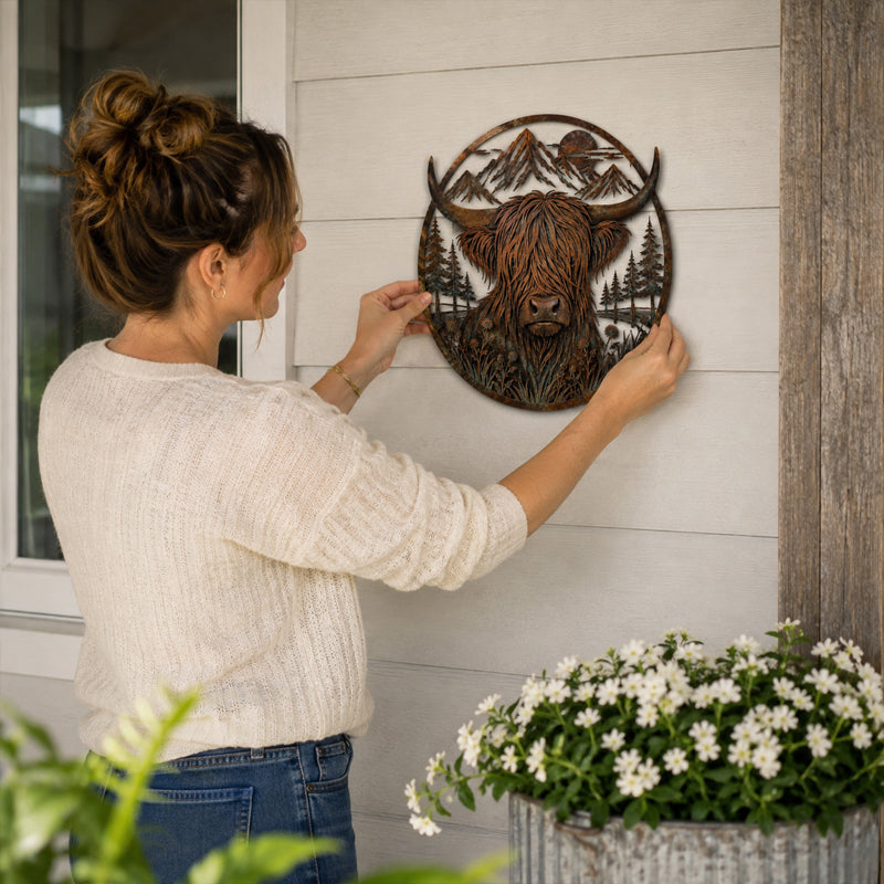 🏔️ Highland Cow Mountain‑Scene Metal Wall Decor – Rustic Open‑Work Farmhouse Art