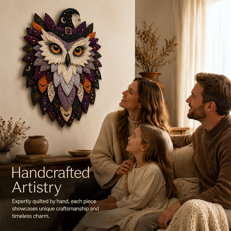 🦉 Patchwork‑Style Owl Wall Hanging, Rustic Woodland Cottage Wall Decor