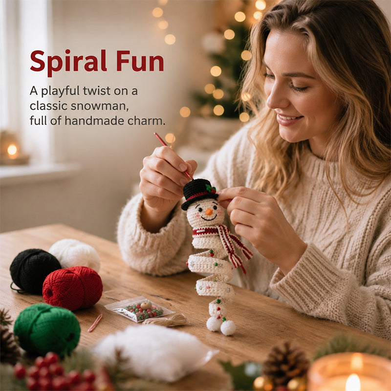 ☃️ Crochet Snowman Spiral Ornament DIY Kit | Complete Beginner-Friendly Set with Soft Yarn, Crochet Hook, Festive Beads, Snowflakes & Step-by-Step Guide 🧶🎄✨