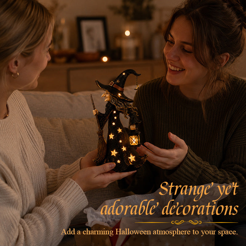 🌙 Glowing Starlight Witch Figurine｜Magical Spooky‑Cute Night Light Decor