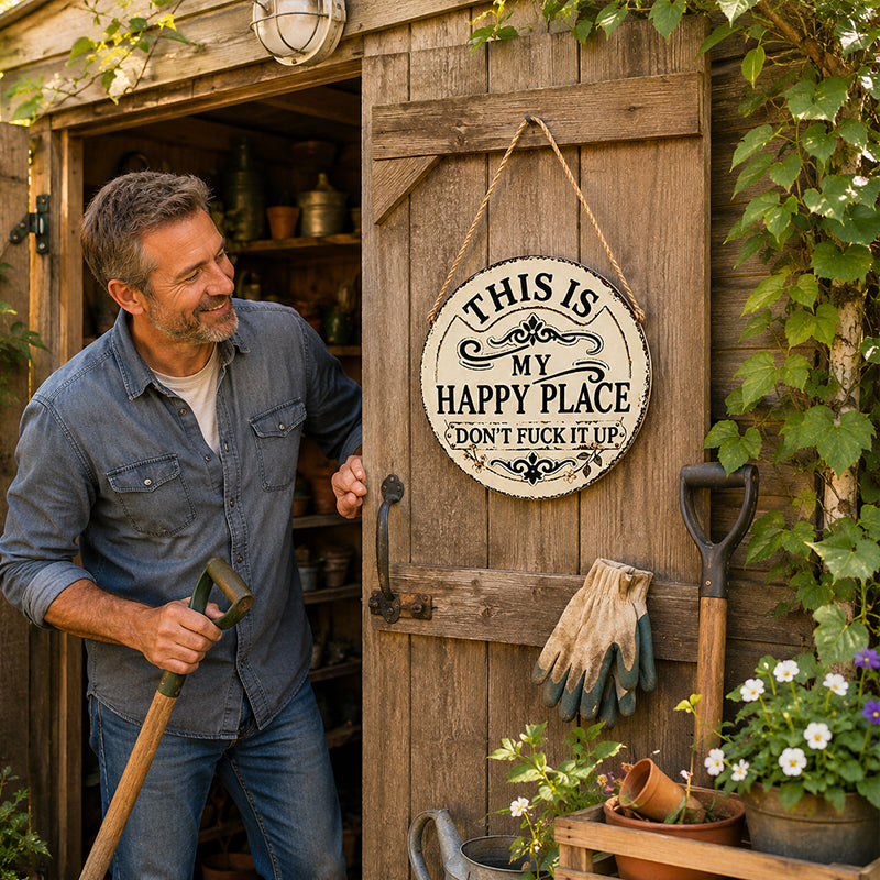 Vintage Country Style Humorous Welcome Sign | "This Is My Happy Place" Wooden Round Decorative Door Sign