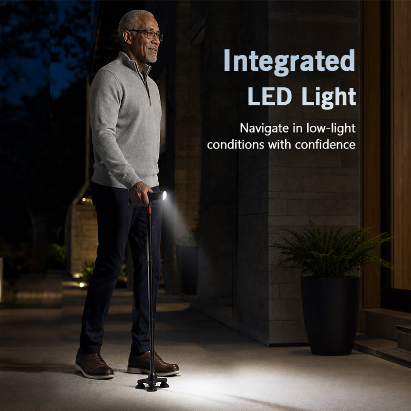 🔥 Must-Have Senior Smart Cane – Foldable Aluminum with LED Light & Quad Anti-Slip Feet