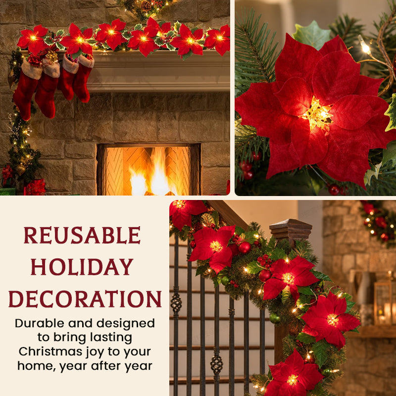 🎄 Poinsettia LED Christmas Garland ✨ Battery‑Powered Festive Greenery Decor