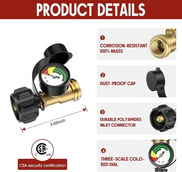 🔥Universal Propane Tank Gauge for 5-40 Pound LP Tanks | Gas Level Indicator for Grill, Heater, RV Camper, QCC1/Type 1 Connection