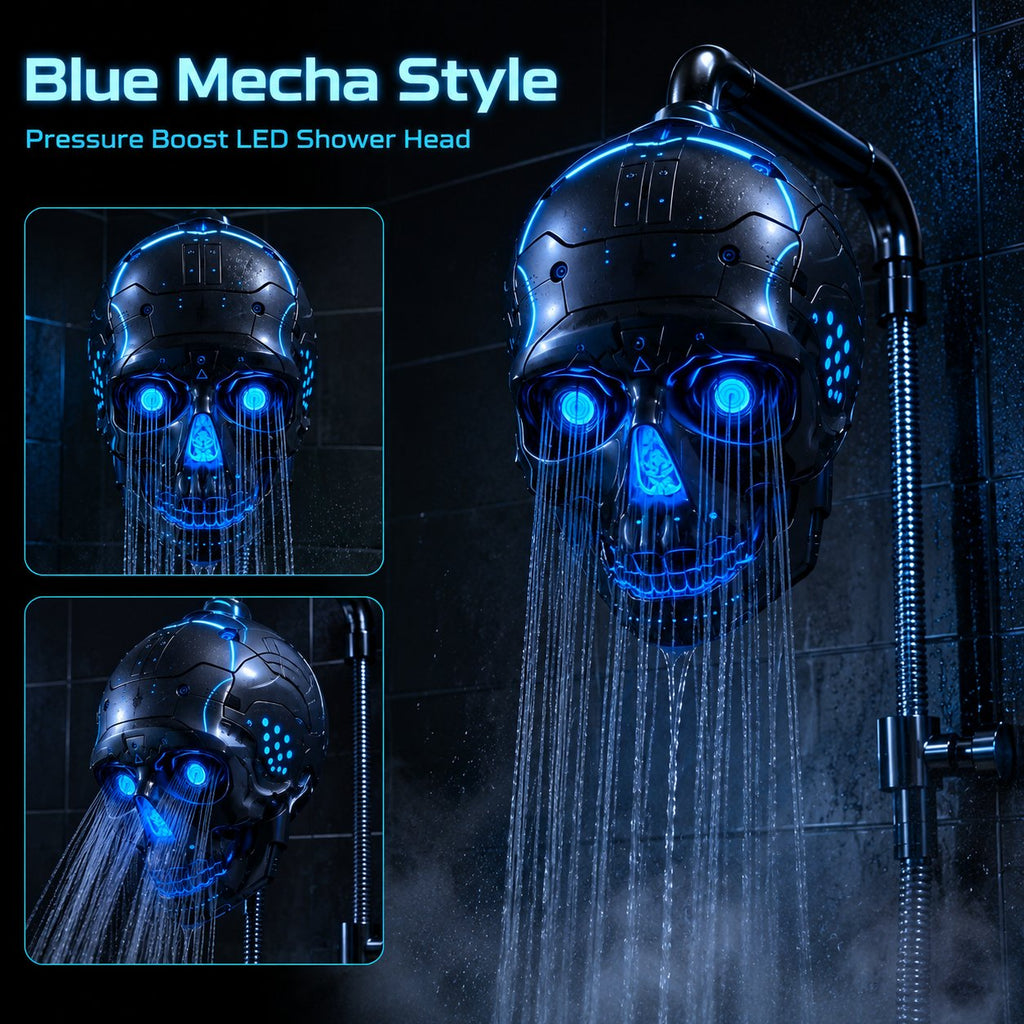 💀Cyber Mecha Skull Color Changing LED Pressure Boost Shower Head