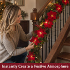 🎄 Poinsettia LED Christmas Garland ✨ Battery‑Powered Festive Greenery Decor