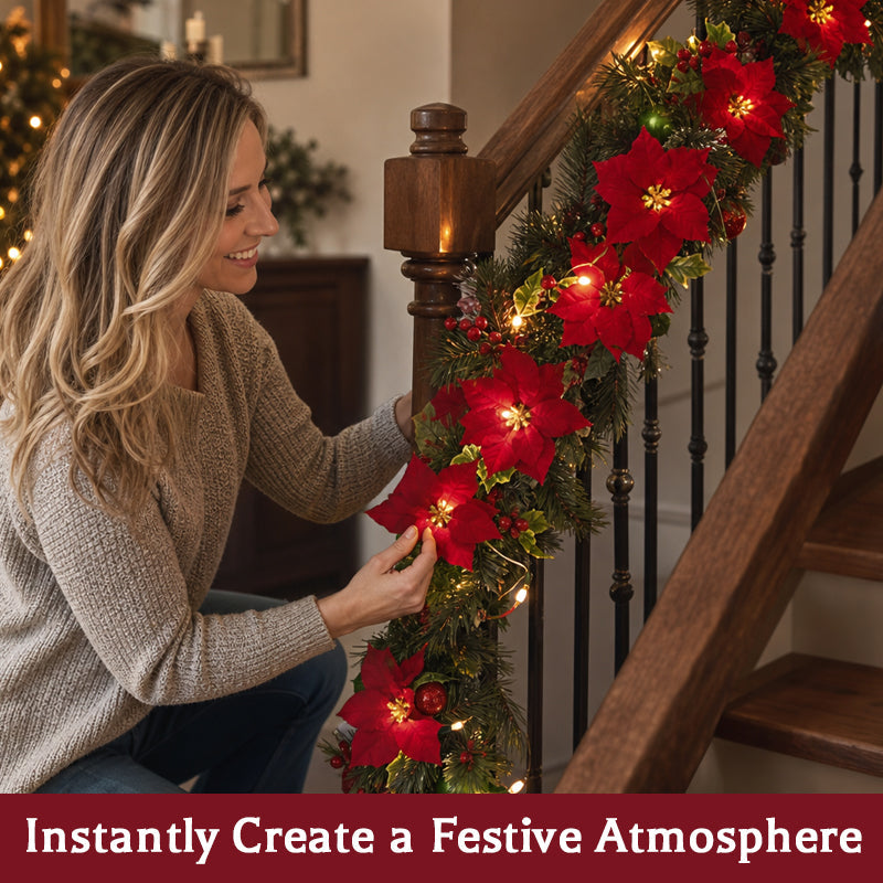 🎄 Poinsettia LED Christmas Garland ✨ Battery‑Powered Festive Greenery Decor