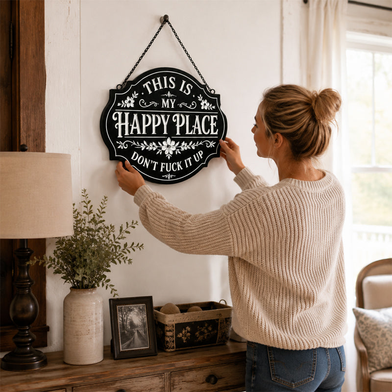 😄 Sassy Happy‑Place Vintage Metal Wall Sign, Funny Porch & Patio Wall‑Hanging Decor