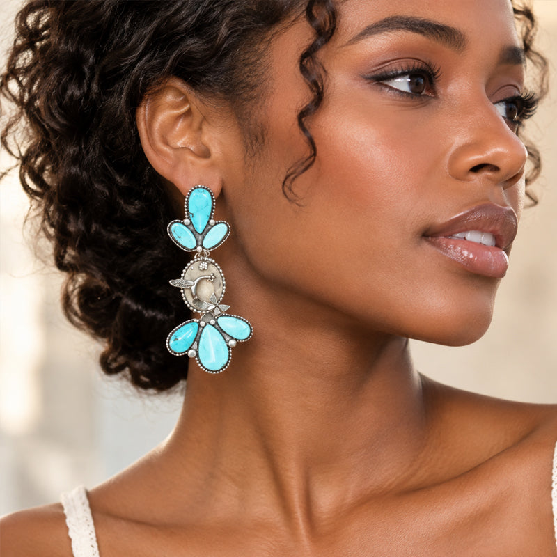 🌵 Bold Western Boho Turquoise Floral Drop Earrings | Unique Vintage Statement Jewellery