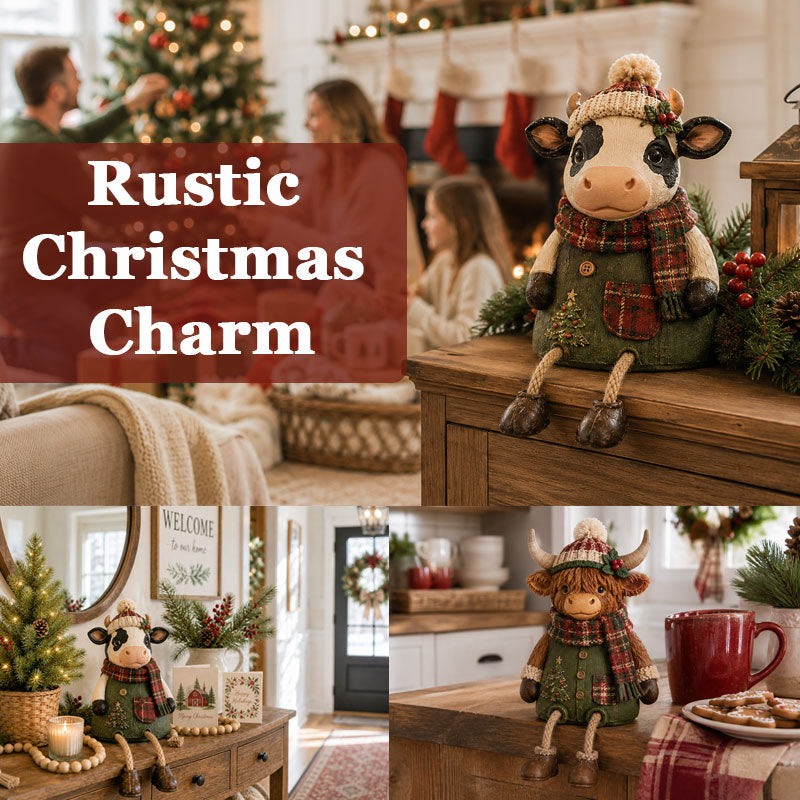 🎄 Christmas Cow Figurine 🐮 Cozy Farmhouse Holiday Shelf Decor