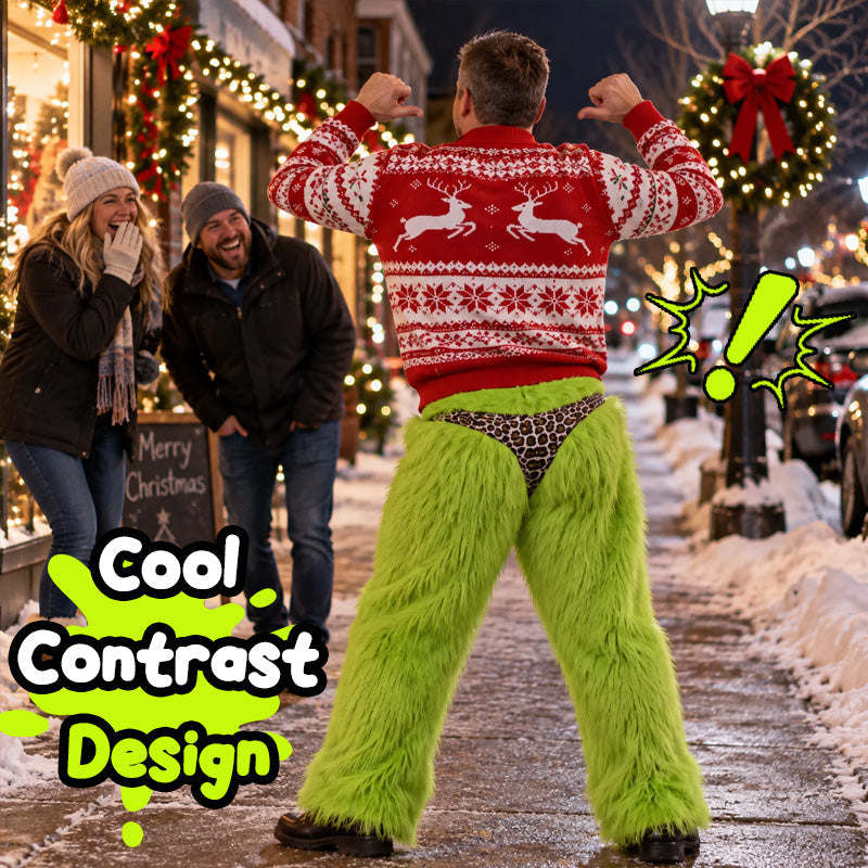 🎄 Festive Green Party Trousers, Eye‑Catching Leopard Triangle Detail For Christmas Costume Events