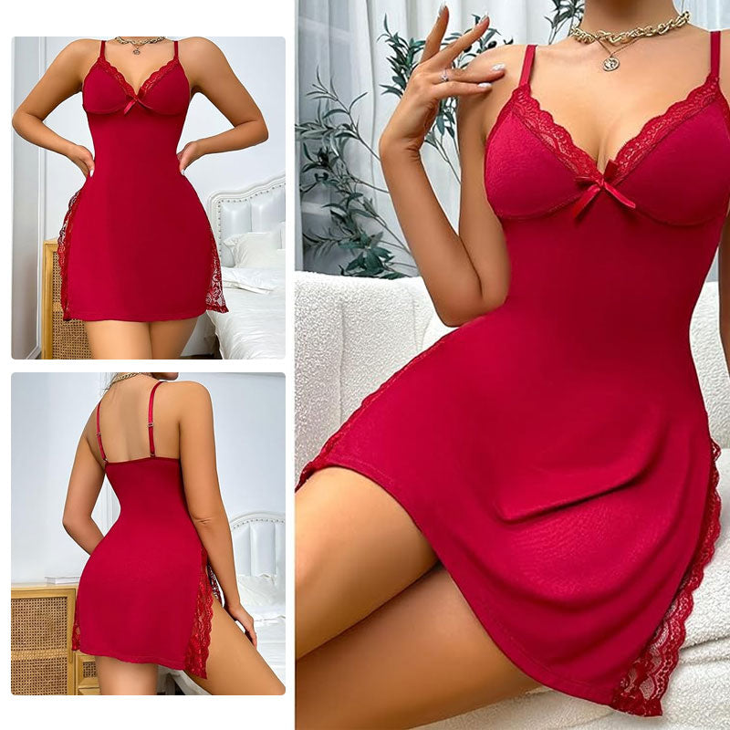 🎉🎉 Lace Trim Slit Bowknot Decor Sleep Dress