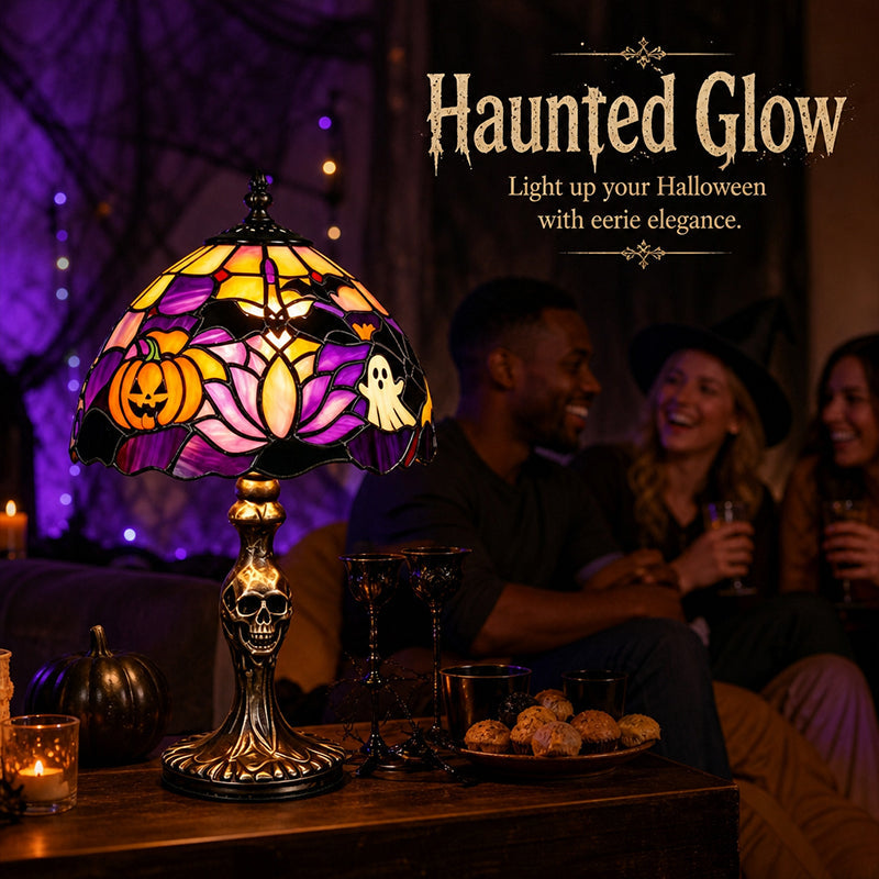 🎃👻 Stained‑Glass Ghost Bat Pumpkin Table Lamp With Skeleton Base