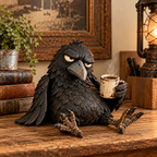 Grumpy Coffee Raven Figurine – “Not Yet” Funny Morning Decor