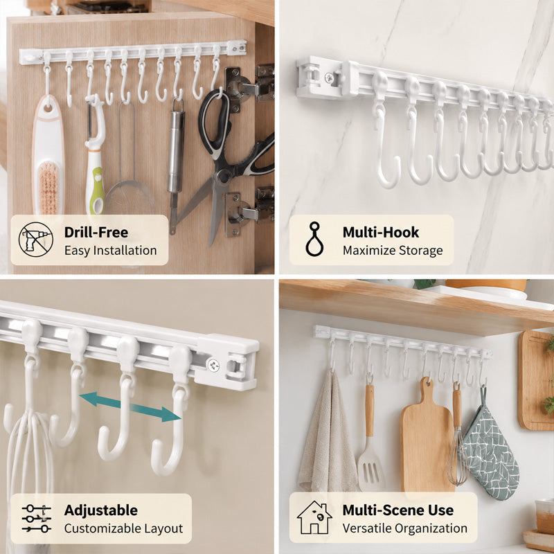 🧺 LIMITED-TIME OFFER: Buy one get one free!! ✨ No-drill sliding rail organiser hook – Adjustable, Sturdy 🛠️