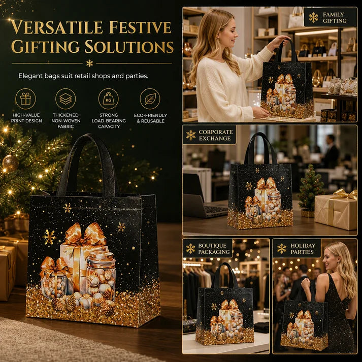 🎄 LIMITED‑TIME 50% OFF! ✨ Black Christmas Non Woven Gift Tote Bag – Gold Foil, Reusable, Sturdy Handles 🎁