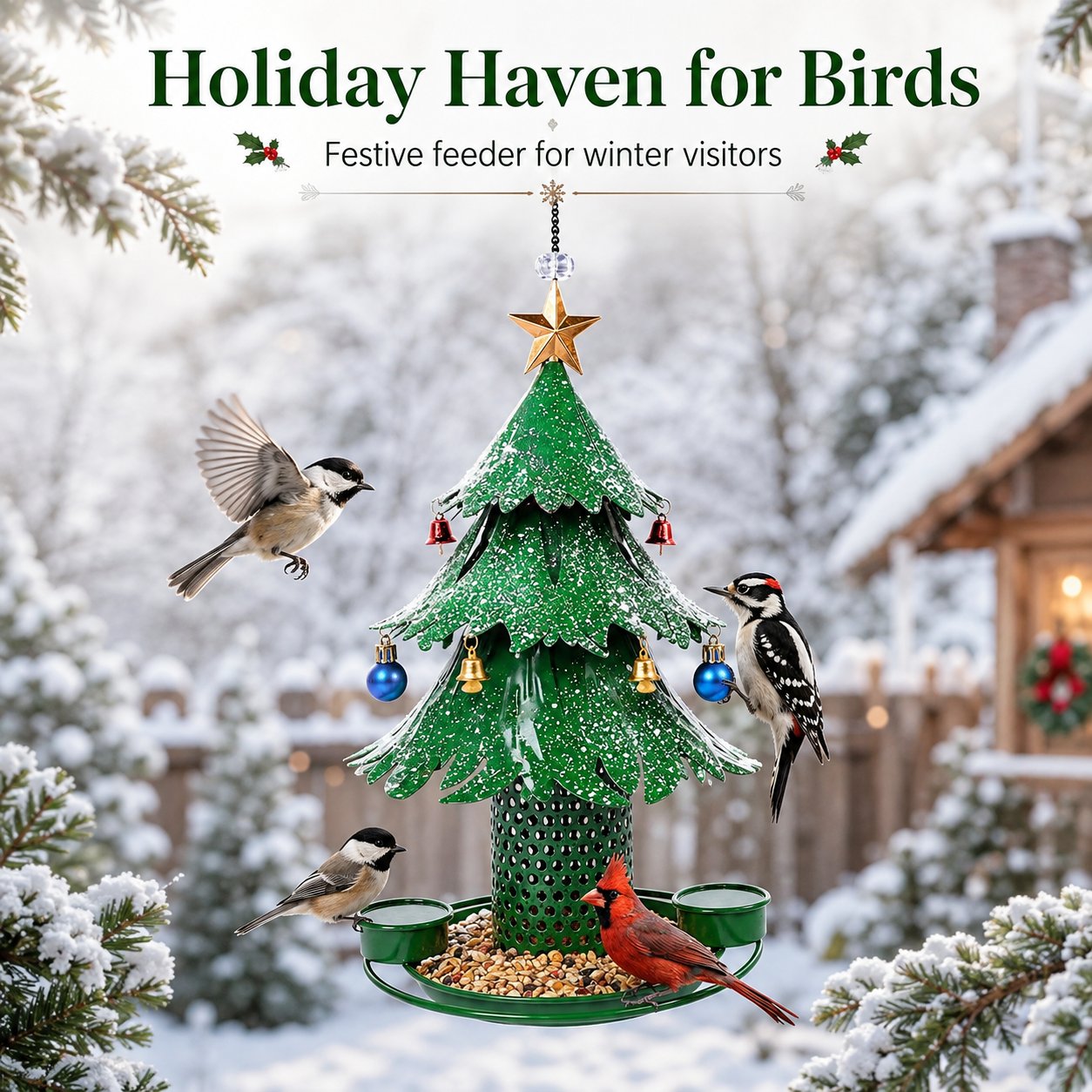🎄 Star‑Topped Christmas Tree Metal Bird Feeder With Bells & Water Cups