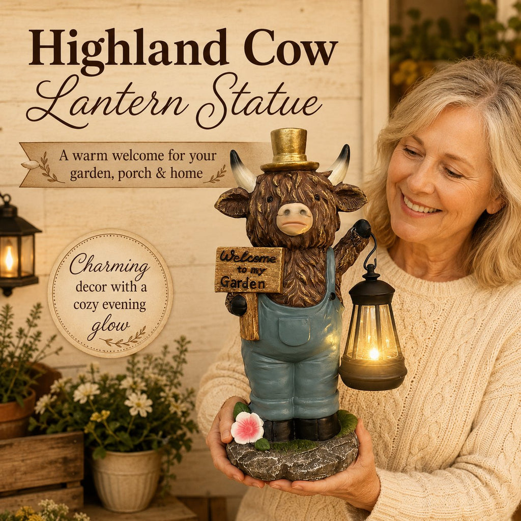🐄 Highland Cow Solar Garden Statue ✨ Warm‑Glow Farmhouse Lantern Decor