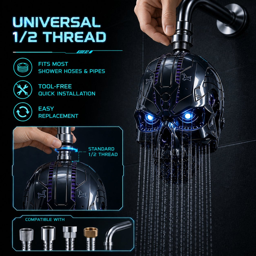 💀Cyber Mecha Skull Color Changing LED Pressure Boost Shower Head