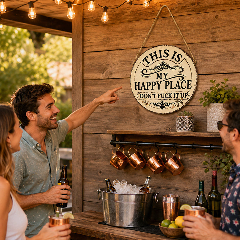 Vintage Country Style Humorous Welcome Sign | "This Is My Happy Place" Wooden Round Decorative Door Sign