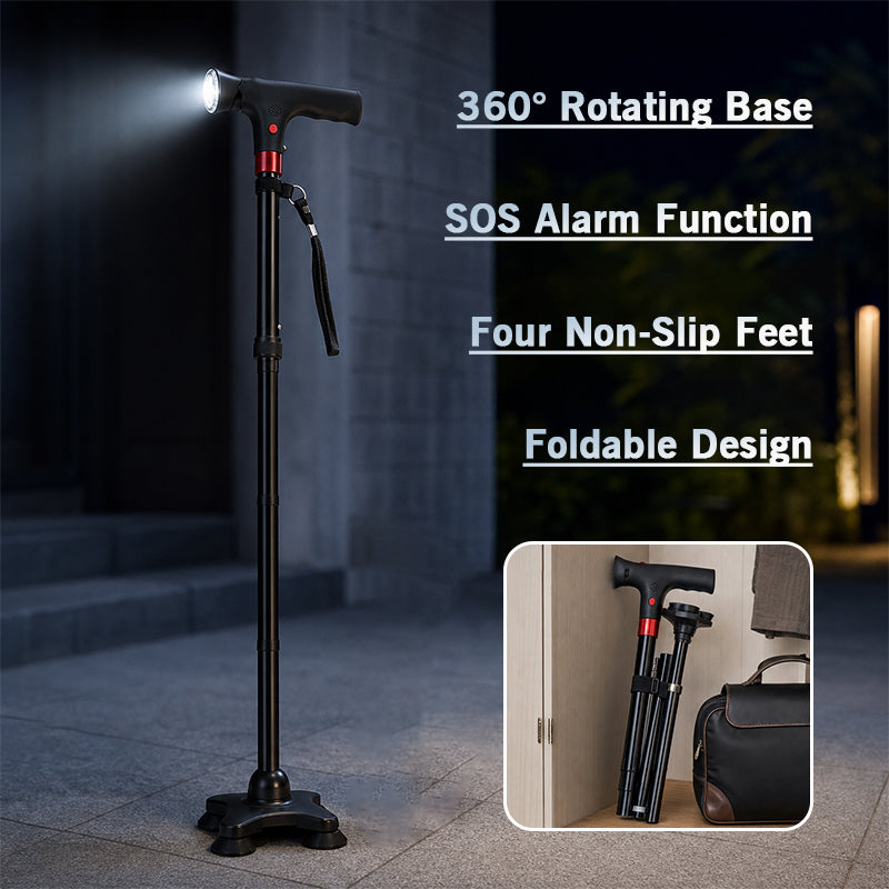 🔥 Must-Have Senior Smart Cane – Foldable Aluminum with LED Light & Quad Anti-Slip Feet