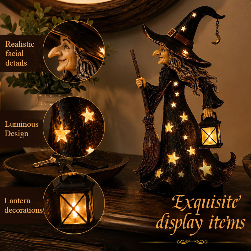 🌙 Glowing Starlight Witch Figurine｜Magical Spooky‑Cute Night Light Decor