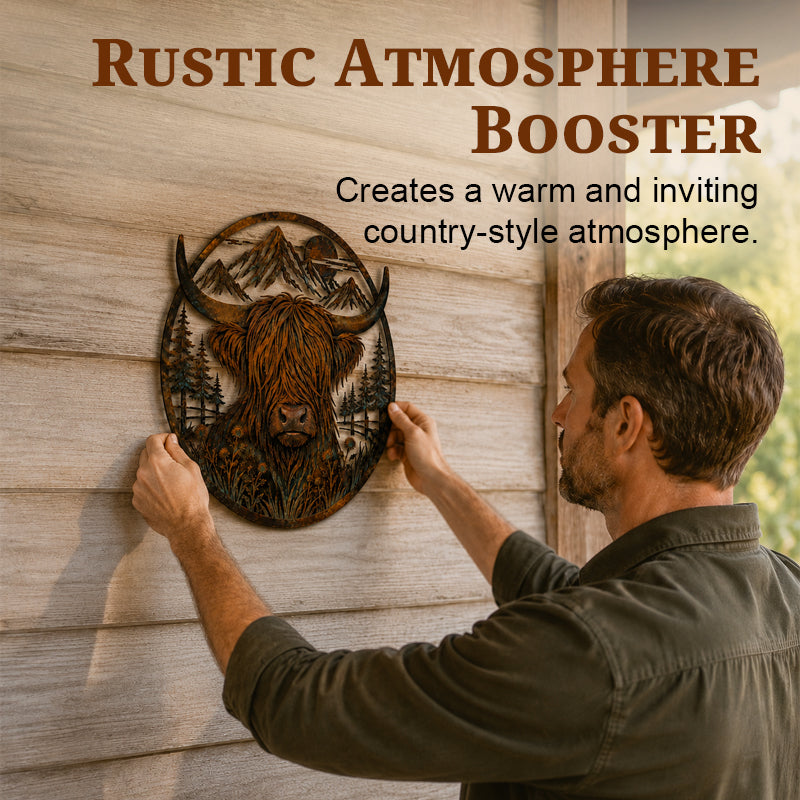 🏔️ Highland Cow Mountain‑Scene Metal Wall Decor – Rustic Open‑Work Farmhouse Art