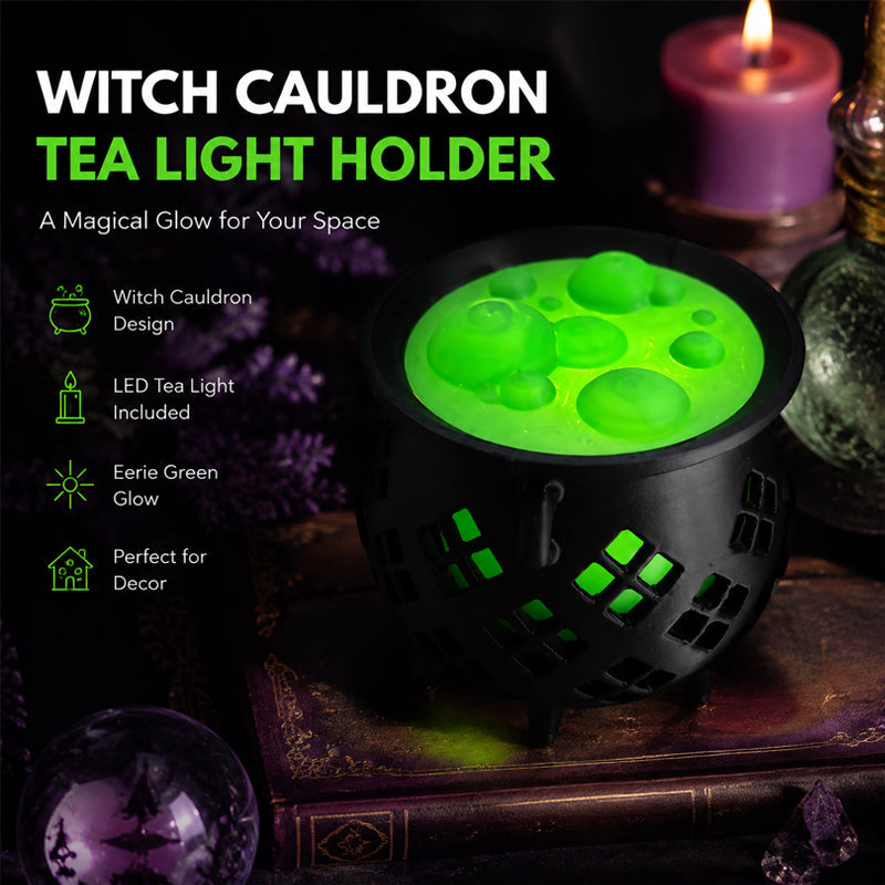 🔮 Hollow‑Cut Witch Cauldron LED Tea‑Light Lamp, Spooky Halloween Tabletop Decor Ornament