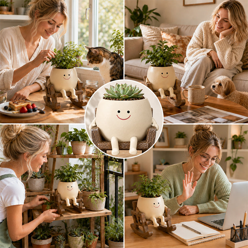 🪑 Rocking Chair Face Resin Planter | Cute Smiling Character Succulent Pot For Windowsill Desk Decor