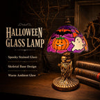🎃👻 Stained‑Glass Ghost Bat Pumpkin Table Lamp With Skeleton Base
