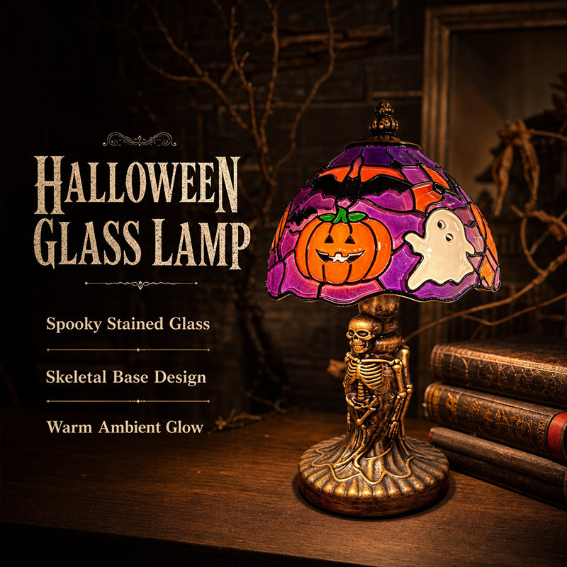 🎃👻 Stained‑Glass Ghost Bat Pumpkin Table Lamp With Skeleton Base