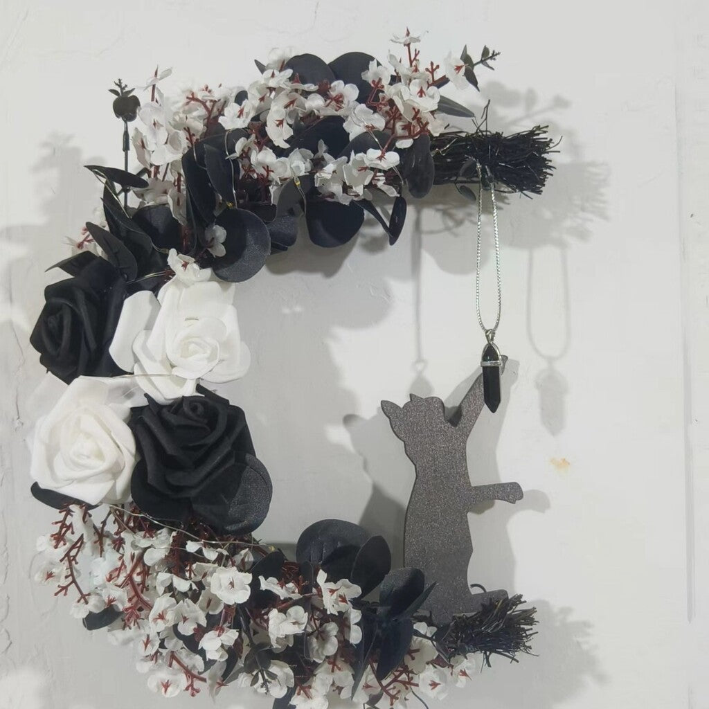 🌙🐈 Handmade Elegant Collectible Black Cat Halloween Wreath, Gothic Spooky Holiday Front Door Decor Gift