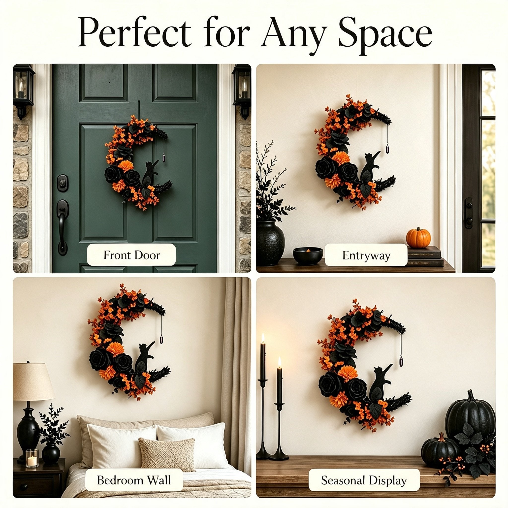 🌙🐈 Handmade Elegant Collectible Black Cat Halloween Wreath, Gothic Spooky Holiday Front Door Decor Gift