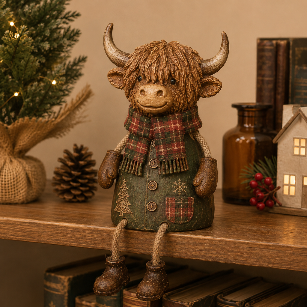 🐮✨Festive Highland Cow Shelf Sitter – Rustic Christmas Home Decor