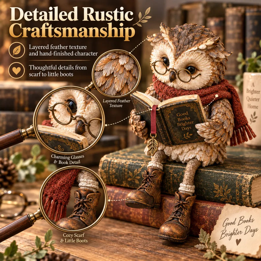 🦉 Reading Owl Figurine – Whimsical Bookish Shelf Sitter With Glasses & Dangling Boots