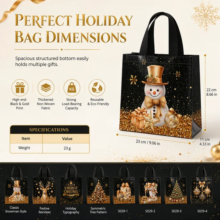 🎄 LIMITED‑TIME 50% OFF! ✨ Black Christmas Non Woven Gift Tote Bag – Gold Foil, Reusable, Sturdy Handles 🎁