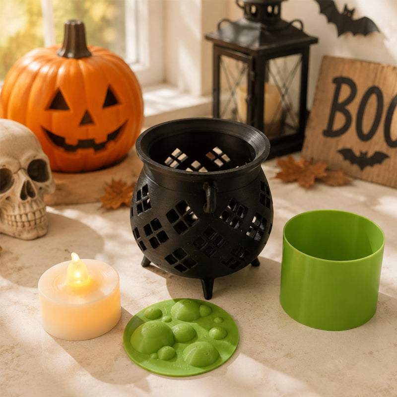 🔮 Hollow‑Cut Witch Cauldron LED Tea‑Light Lamp, Spooky Halloween Tabletop Decor Ornament