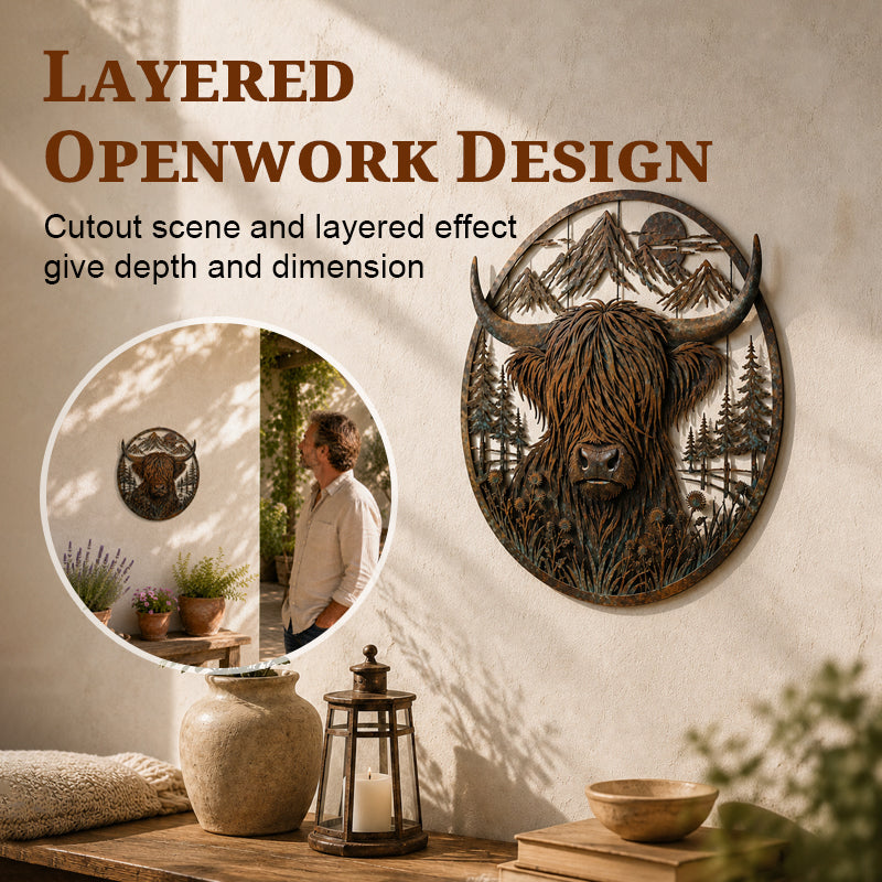 🏔️ Highland Cow Mountain‑Scene Metal Wall Decor – Rustic Open‑Work Farmhouse Art
