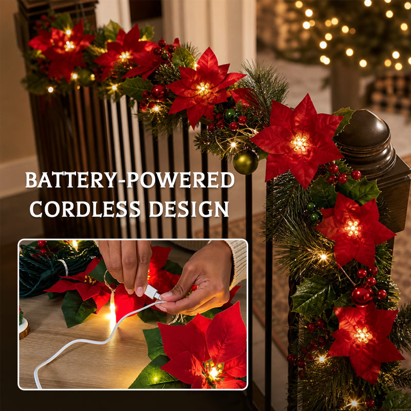 🎄 Poinsettia LED Christmas Garland ✨ Battery‑Powered Festive Greenery Decor