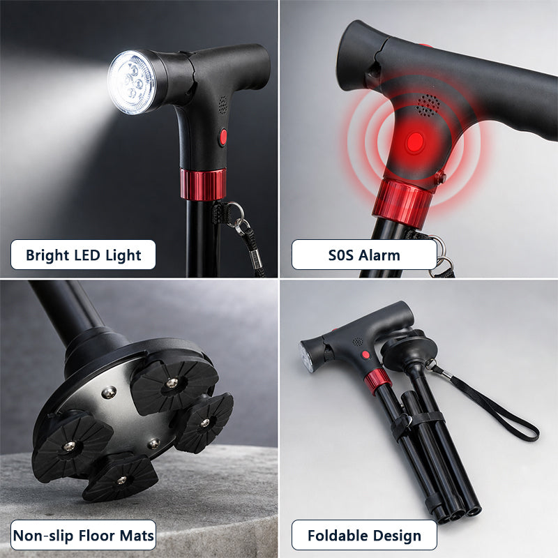 🔥 Must-Have Senior Smart Cane – Foldable Aluminum with LED Light & Quad Anti-Slip Feet