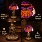 🎃👻 Stained‑Glass Ghost Bat Pumpkin Table Lamp With Skeleton Base